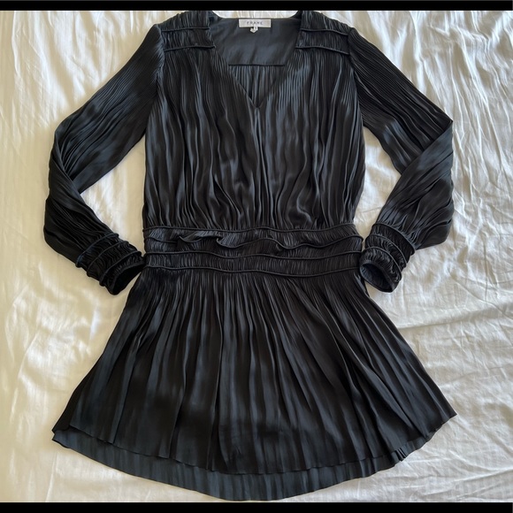 FRAME Women’s Pleated Pleat V Neck Long Sleeve Dress Smocked Black Size XS New - Picture 9 of 16